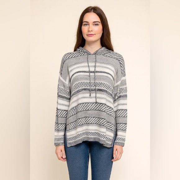 Oh MG: Hooded Knit  sweater, gray, black, and white striped NWT - Picture 1 of 8